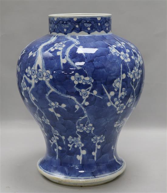 A 19th century Chinese large blue and white baluster vase decorated with prunus